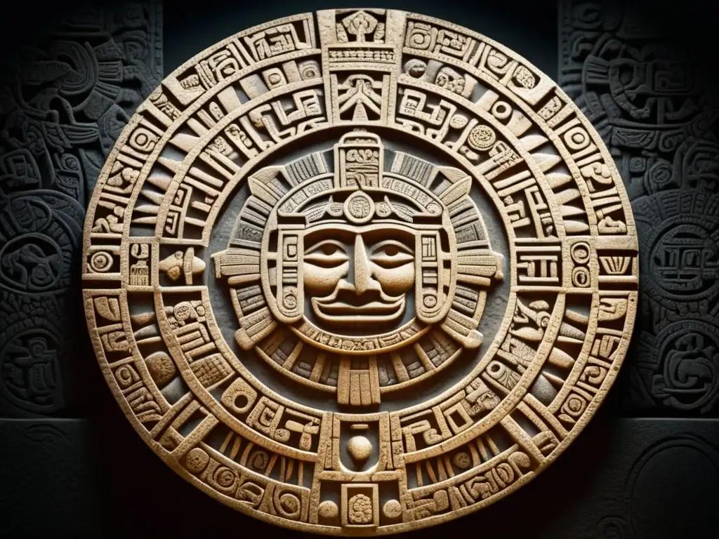 Calendario Azteca en detalle, imagen 8k de antiguo tallado de piedra con símbolos y glifos representando la cosmología y creencias religiosas aztecas