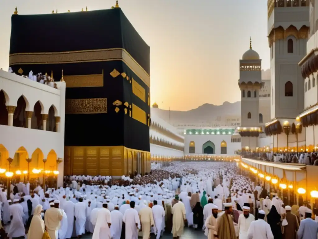 Mecca en el Hajj: Calle llena de peregrinos con arquitectura árabe y atmósfera vibrante