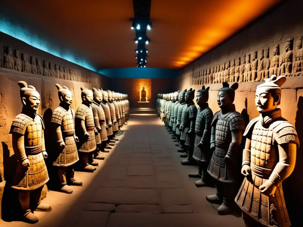 Descubrimiento Guerreros Terracota cámara subterránea misteriosa, iluminada por antorchas, filas de guerreros únicos, con historia y magnitud