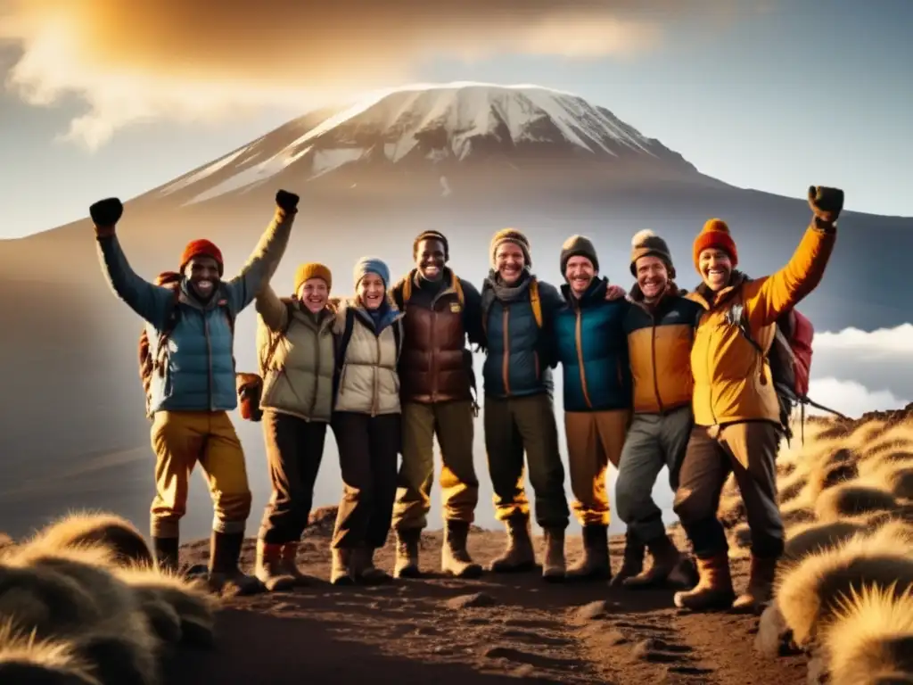 Conquista del Kilimanjaro: Grupo de montañistas sonrientes en la cima, rodeados de paisaje majestuoso