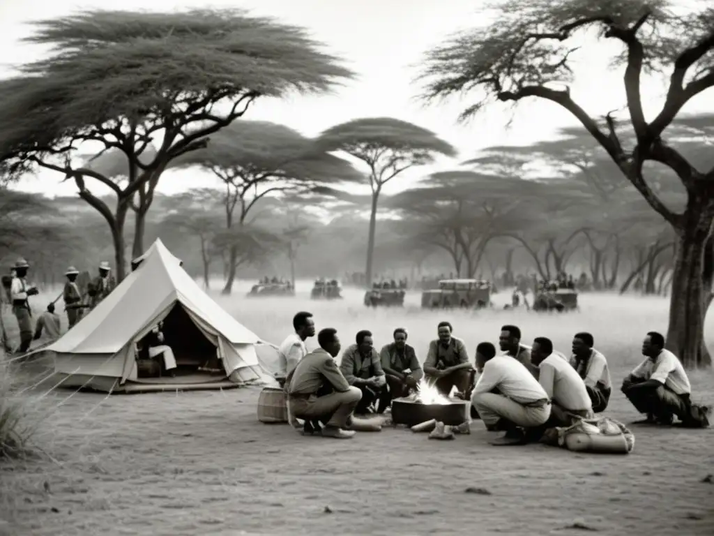 Expedición campamento en la selva africana con exploradores, naturaleza exuberante y río dorado