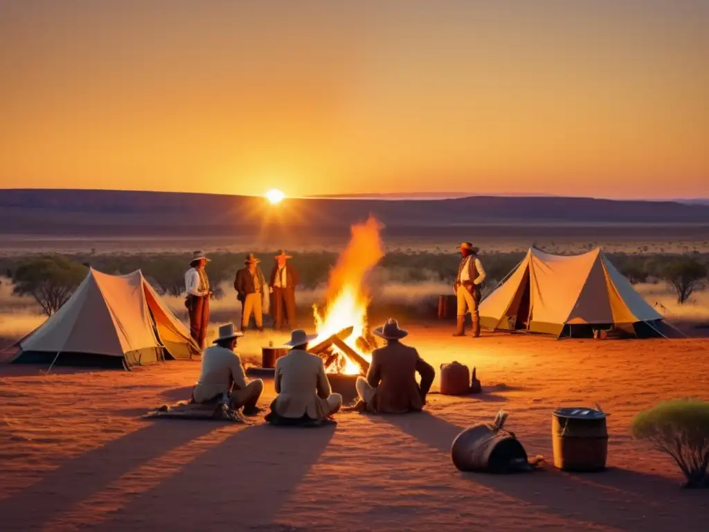 Expedición Burke y Wills en Australia: campamento en el Outback, exploradores alrededor del fuego, paisaje agreste, rocas antiguas