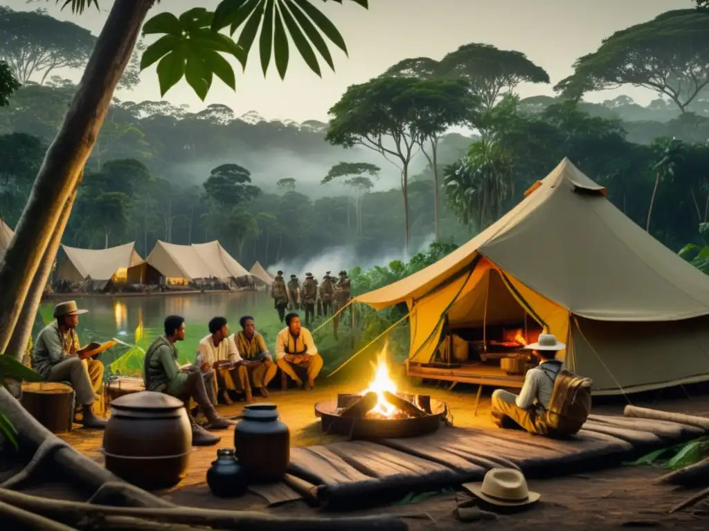 Campamento de expediciones al Amazonas rodeado de selva densa y árboles imponentes