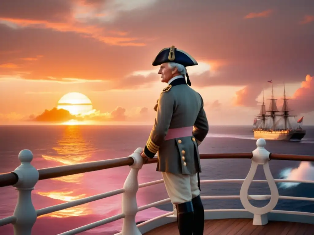 Viaje de James Cook al Pacífico: Capitán Cook en la cubierta del HMS Resolution, contemplando el horizonte en una puesta de sol vibrante