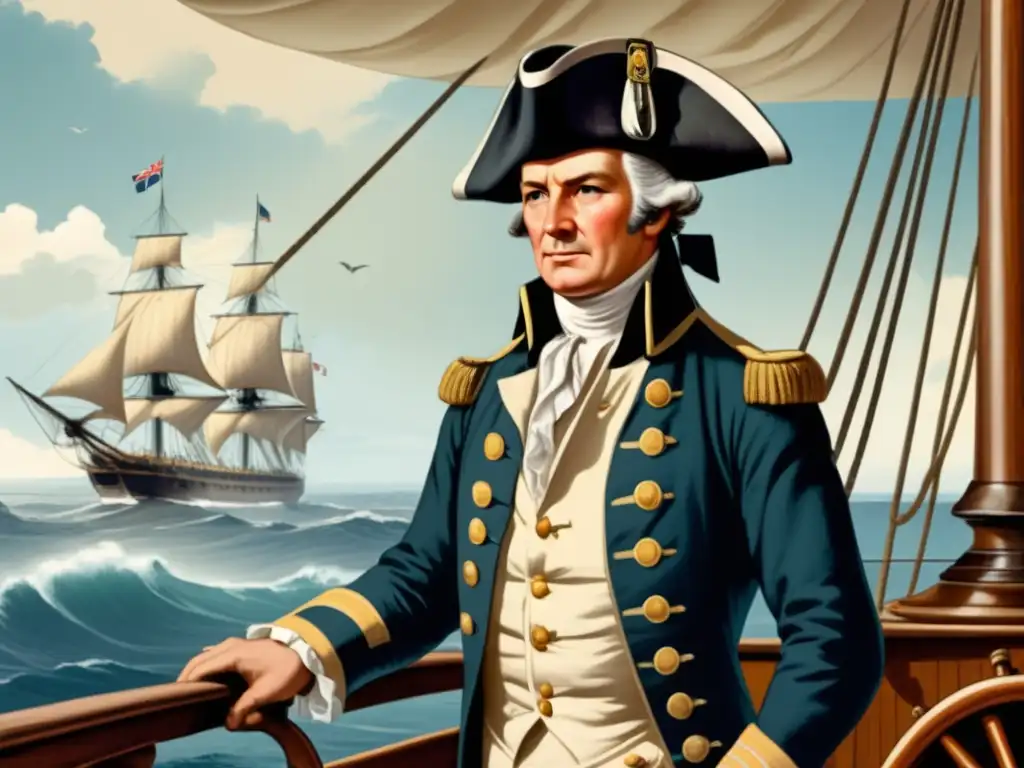 Ilustración vintage de Capitán James Cook en el HMS Endeavour, con el océano Pacífico de fondo