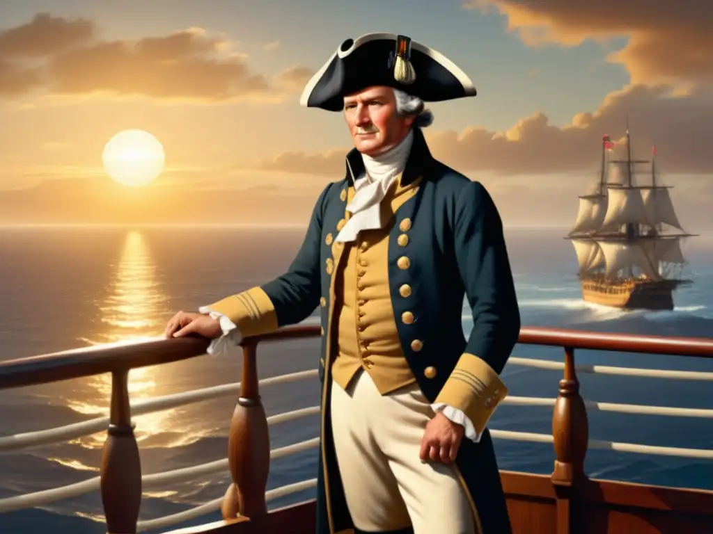 Capitán James Cook en el HMS Endeavour, explorando el océano Pacífico al atardecer