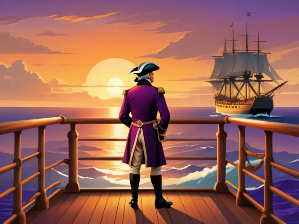 Ilustración vintage del Capitán James Cook en su barco, mirando al vasto océano Pacífico al atardecer