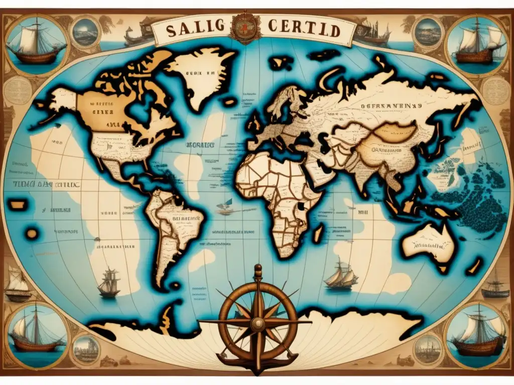 Un mapa vintage detallado de la Carrera por las Indias Orientales, con barcos, continentes y un borde ornamental