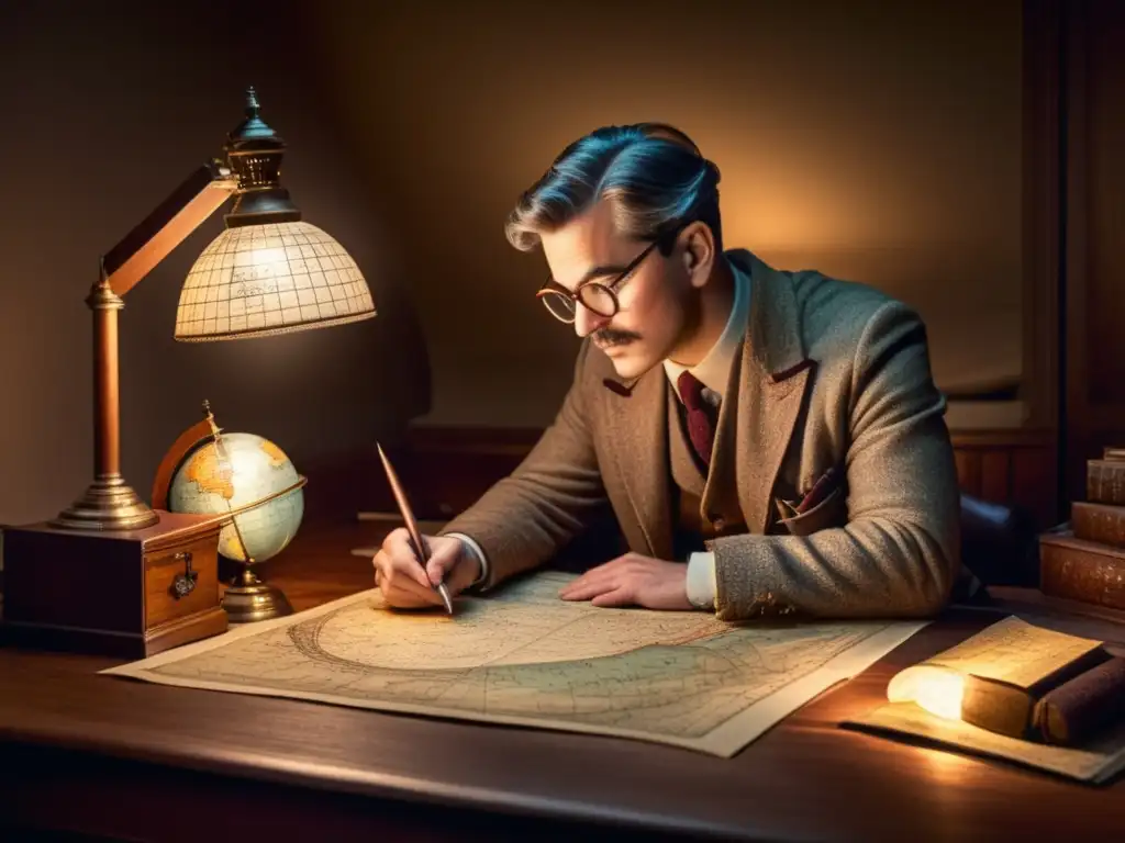 Cartógrafo en su escritorio vintage Un cartógrafo detallado en una sala llena de herramientas antiguas crea mapas con nostalgia y arte: 'Cómo se hacen los mapas: Un vistazo al proceso de creación cartográfica'