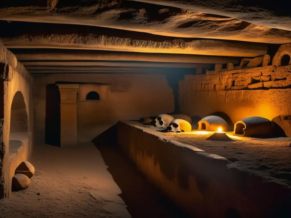 Descubriendo los Ritos Ocultos en las Catacumbas de Roma: Cámara subterránea con frescos antiguos y arqueólogos explorando