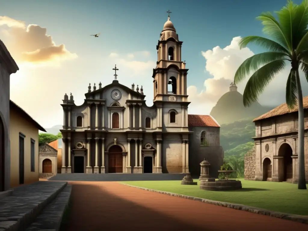 Escena colonial en el Nuevo Mundo: iglesia, paisaje verde, indígenas, misionero, historia cristiana (110 caracteres)