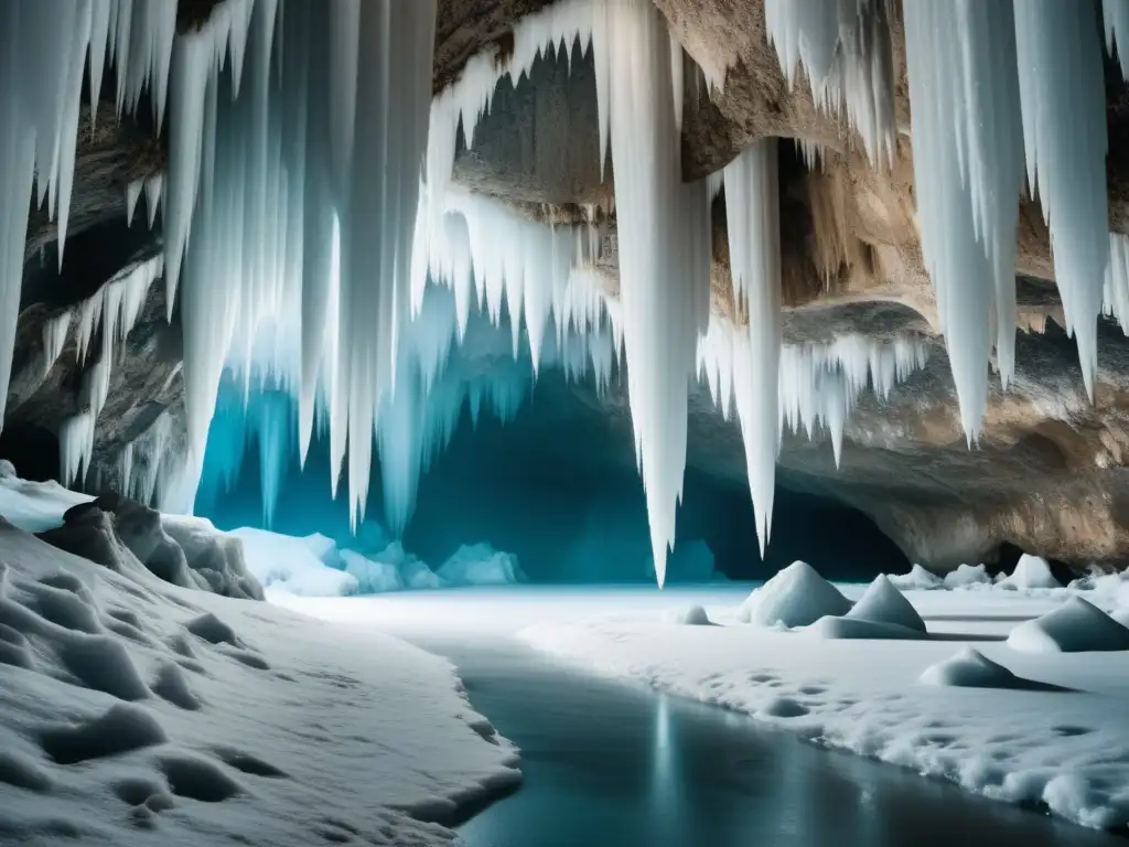 Cuevas de hielo en la Antártida: Impresionante caverna helada con icicles brillantes, nieve blanca y exploradores en el fondo