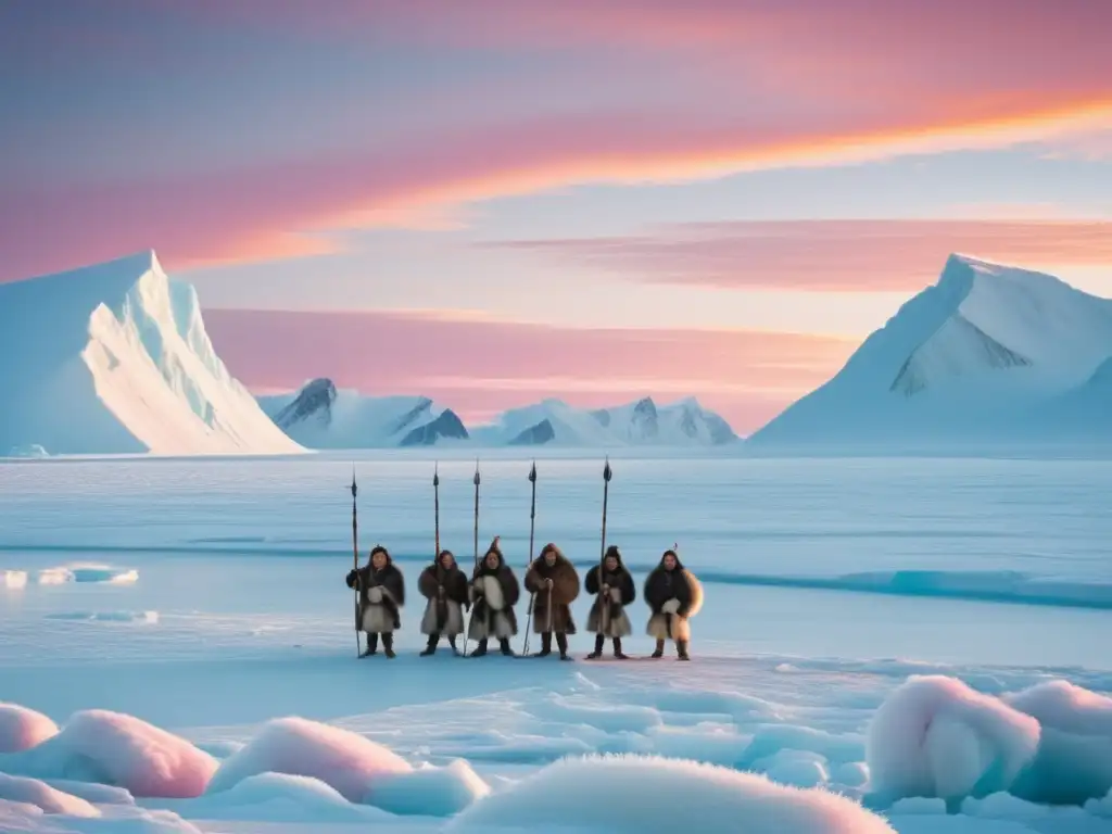 Inuit hunters in Arctic landscape, showcasing culture and resilience (La gran travesía: Entendiendo la cultura Inuit en expediciones polares)