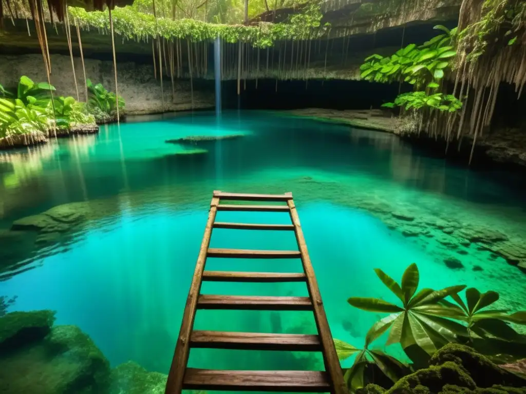 Cenote mágico rodeado de cuevas sagradas Mayas en la selva -