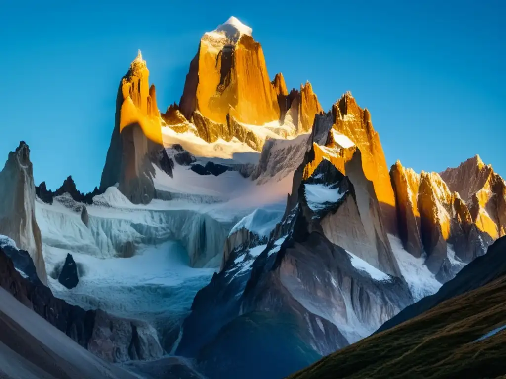 Ascenso al Cerro Torre: Montaña desafiante en un cielo azul, silueta misteriosa con picos de granito y filtro vintage