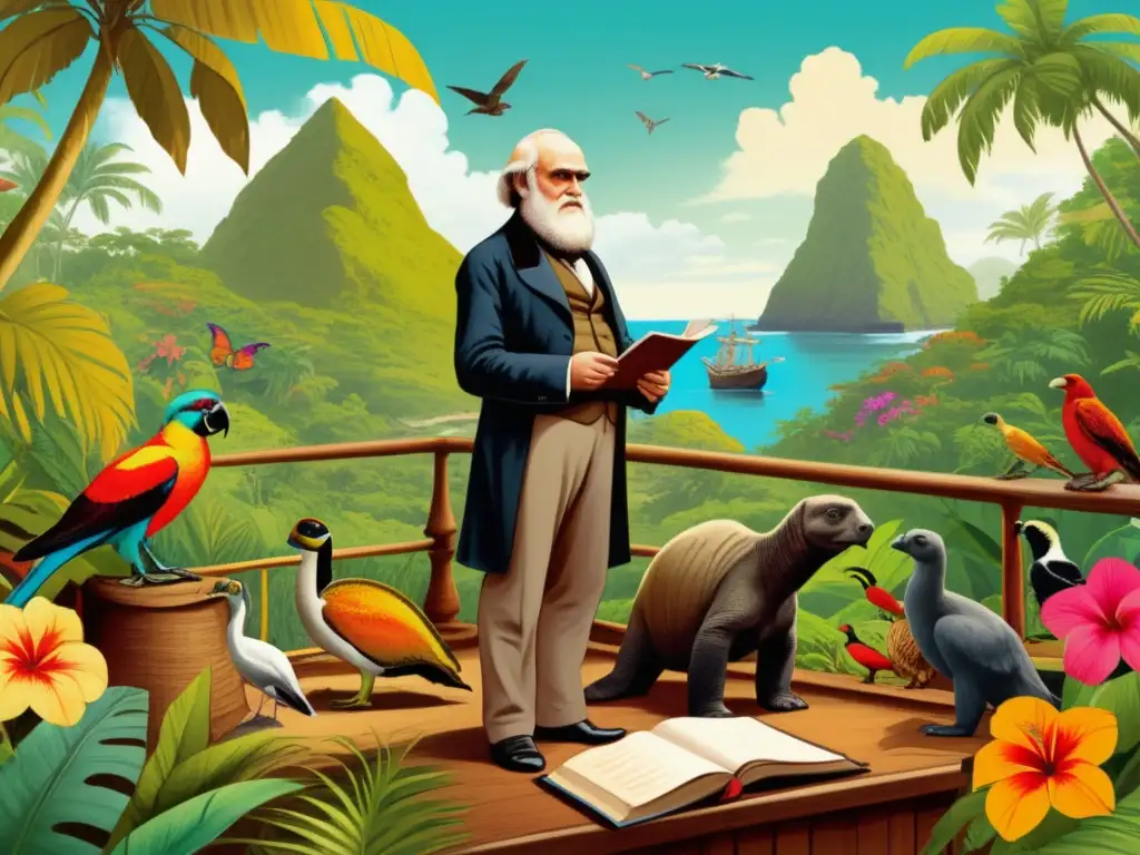 Ilustración vintage de Charles Darwin en el HMS Beagle rodeado de animales exóticos en expediciones