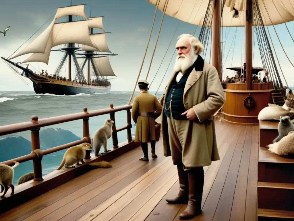 Charles Darwin en su expedición en el HMS Beagle, rodeado de la diversa fauna que encontró en su viaje