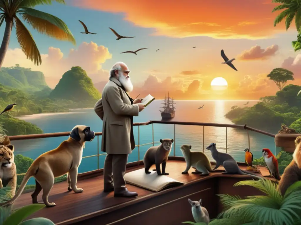 Charles Darwin en expediciones, observando animales exóticos en un barco vintage rodeado de naturaleza y atardecer