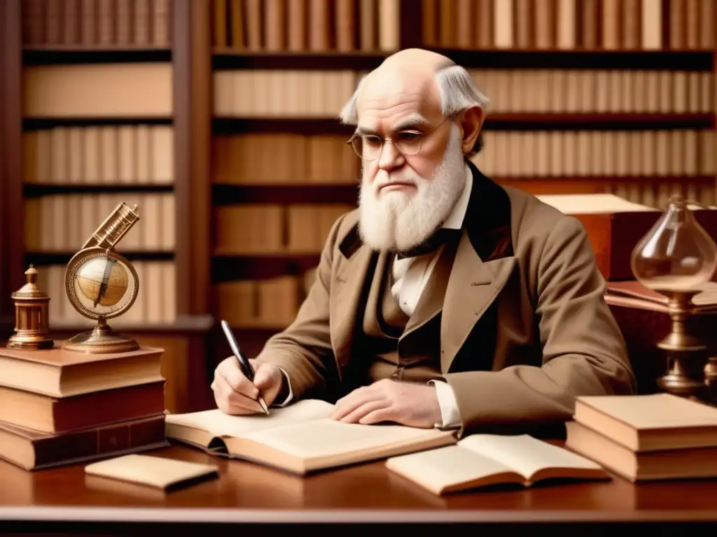 Charles Darwin escribiendo en su escritorio rodeado de libros e instrumentos científicos, evocando la Teoría de la Evolución