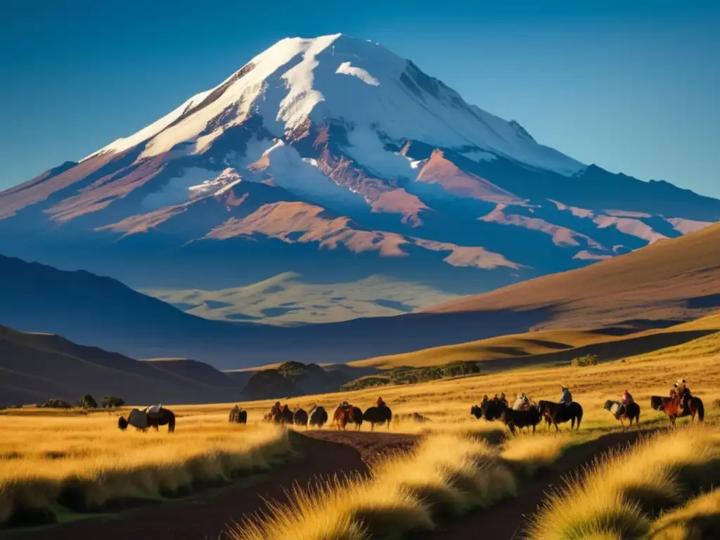 Chimborazo, majestuosa montaña en los Andes con científicos al estilo de Humboldt estudiando su geología