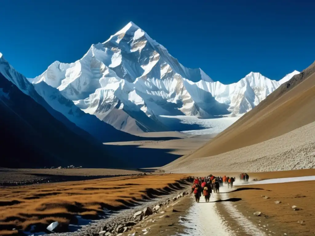 Cho Oyu: majestuosa montaña vintage con expedicionarios desafiando sus desafiantes picos