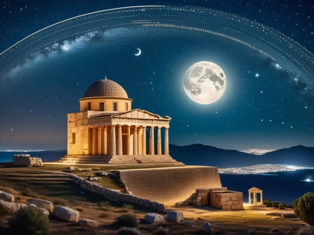 Descubrimientos astronómicos en la antigua Grecia: cielo estrellado, observatorio griego con astrónomos y constelaciones