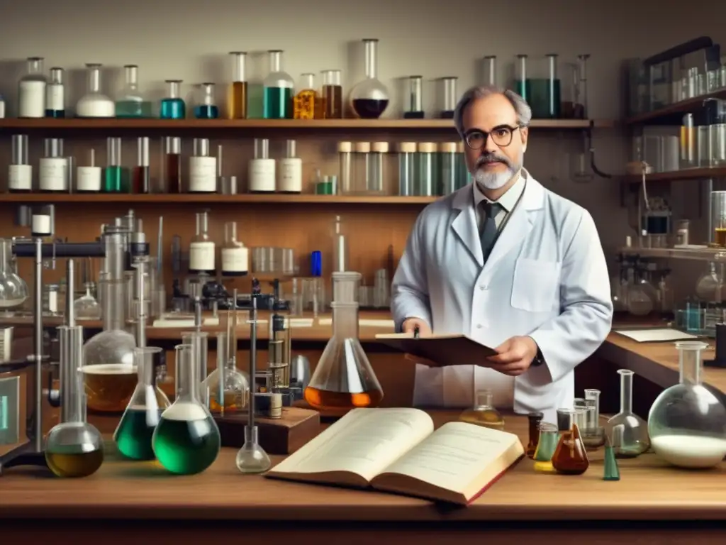 Ilustración vintage de un científico en laboratorio, con instrumentos y reacción colorida en tubo de ensayo