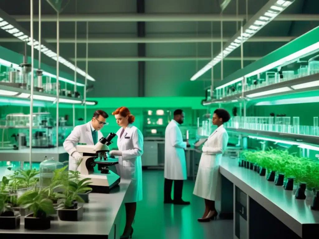 Biología sintética: Futuro exploración espacial - Científicos en laboratorio con tecnología avanzada y plantas espaciales