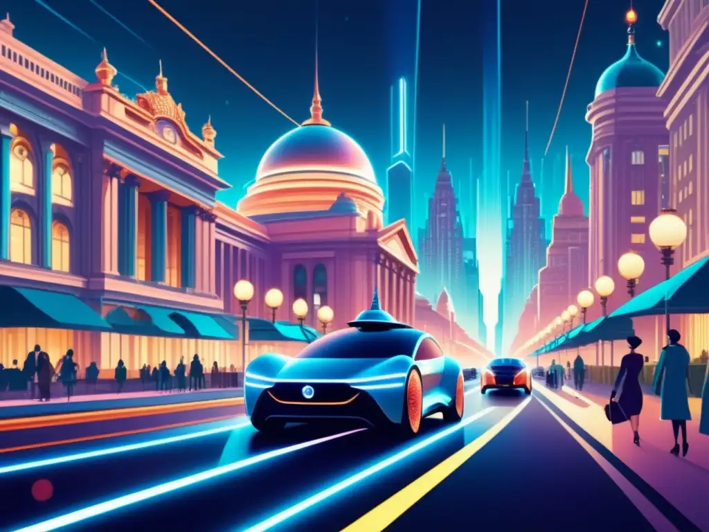 Ciudad futurista con tecnología de transporte avanzada Ilustración vintage de una calle urbana con avances tecnológicos en transporte terrestre