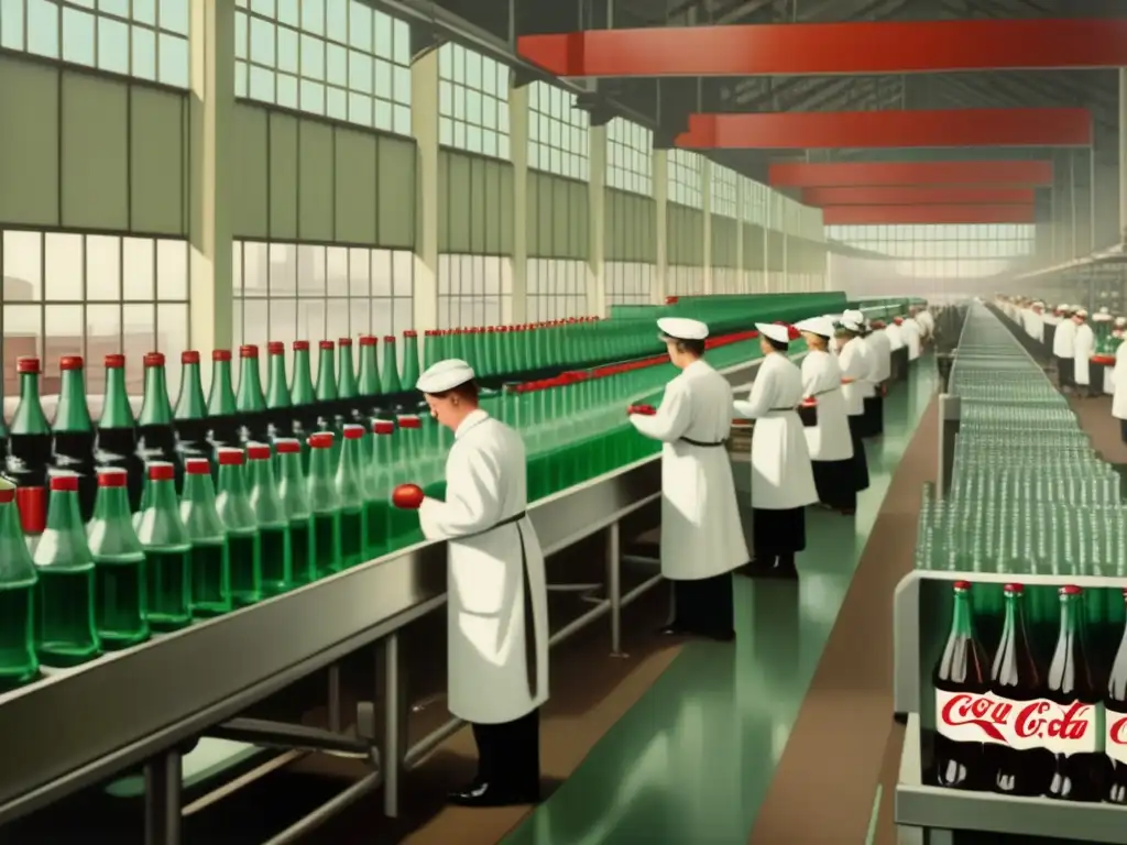 Historia de CocaCola: fábrica antigua con obreros, botellas y aroma a caramelo