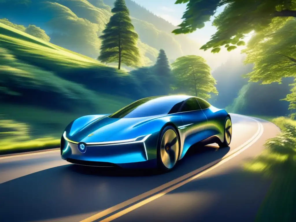 Coche eléctrico futurista en camino rodeado de naturaleza Un auto eléctrico futurista y elegante, en armonía con la naturaleza, simbolizando los avances en medios de transporte terrestre innovadores