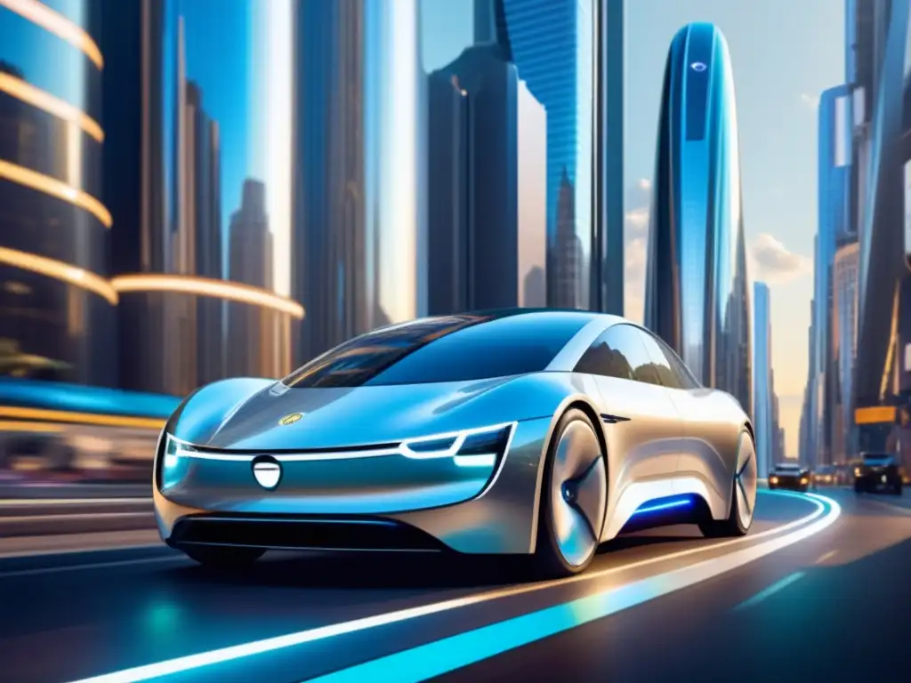 Coche eléctrico vintage conduciendo por una ciudad futurista Un coche eléctrico vintage en una ciudad futurista, fusionando arquitectura antigua y nueva con avances tecnológicos en transporte terrestre