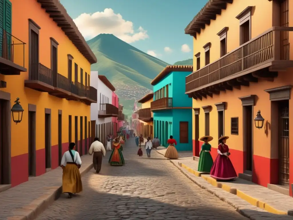 Calle colonial en México durante la colonización española: colores vibrantes, edificios de adobe, gente en trajes tradicionales y palmeras al fondo