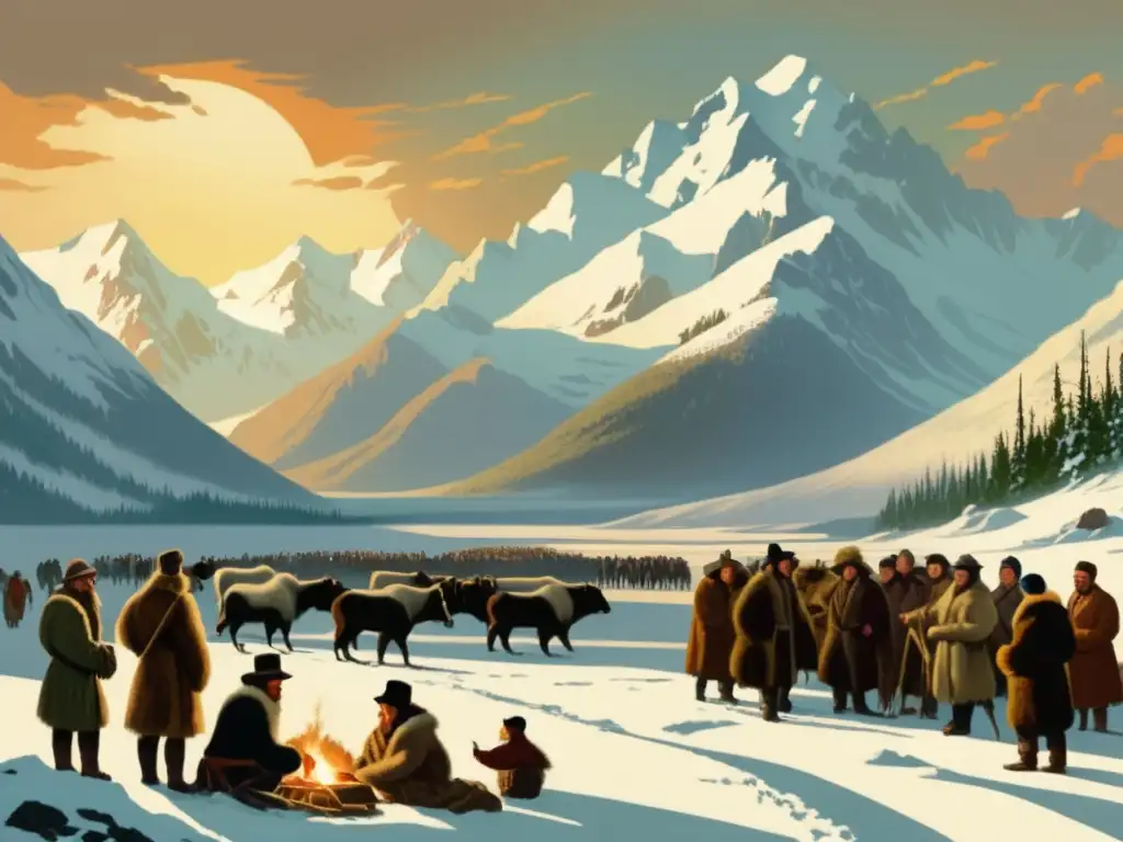 Colonización de Alaska: escena histórica de intercambio cultural entre colonizadores rusos e indígenas, con montañas nevadas al fondo