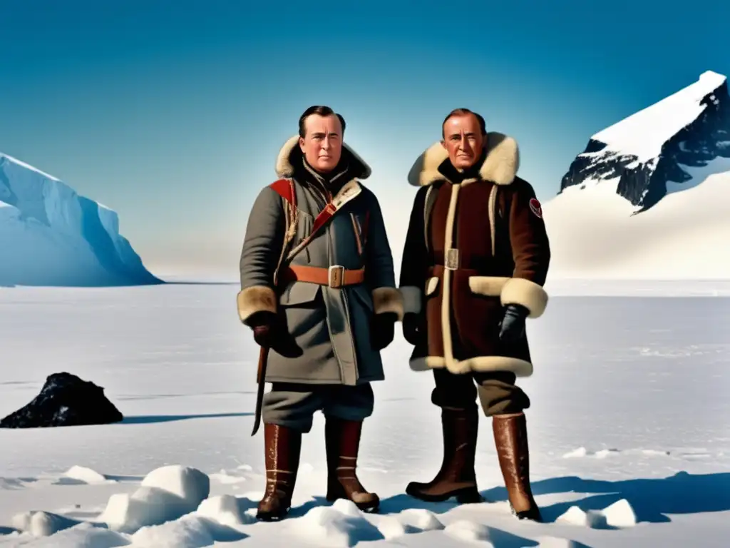 Conquista del Polo Sur: Scott y Amundsen, exploradores legendarios, compiten en una imagen vintage con el paisaje antártico de fondo