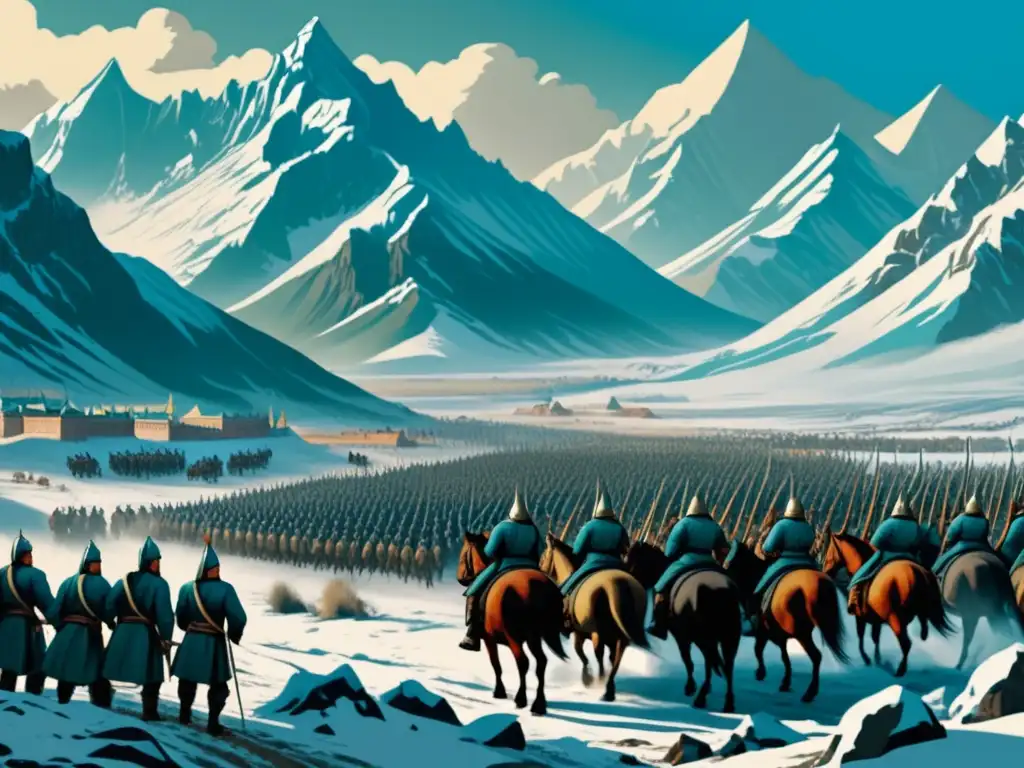 Ilustración vintage de Yermak Timofeyevich y los tártaros siberianos en un paisaje montañoso