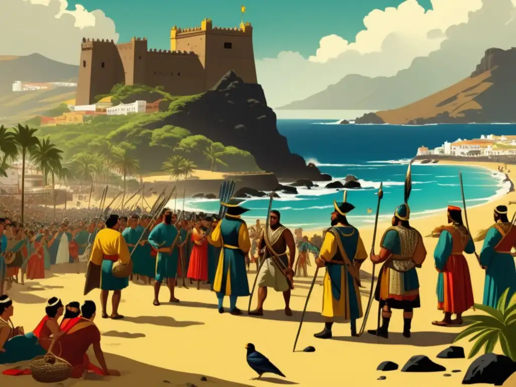 Ilustración vintage de la conquista de las Islas Canarias: La puerta a la Era de los Descubrimientos