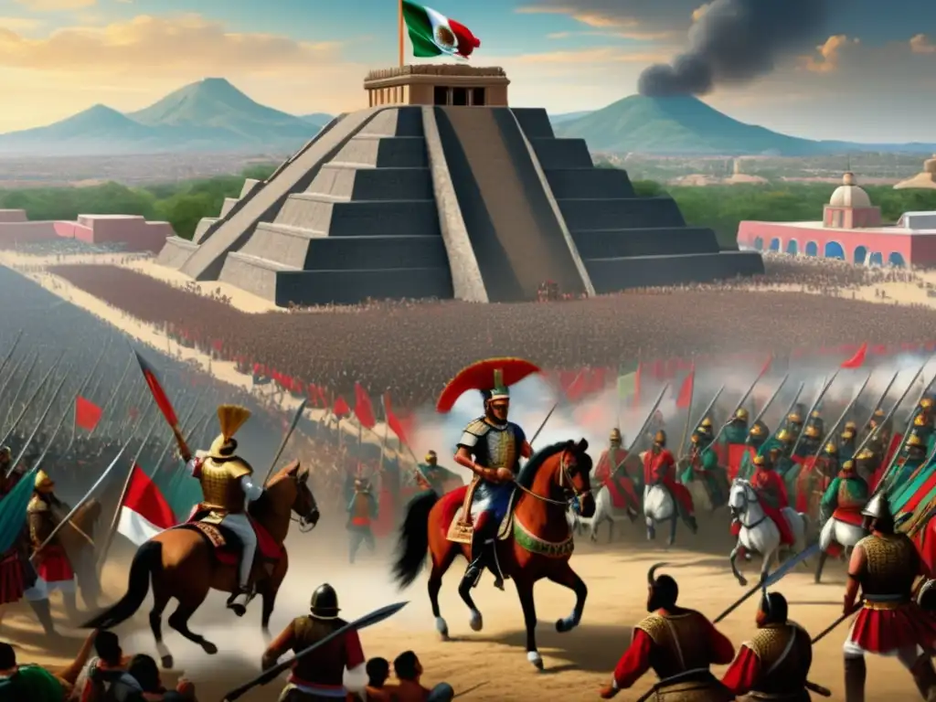 Conquista de México: Hernán Cortés triunfante rodeado de soldados y aliados indígenas en Tenochtitlán, con su icónica arquitectura y mercados