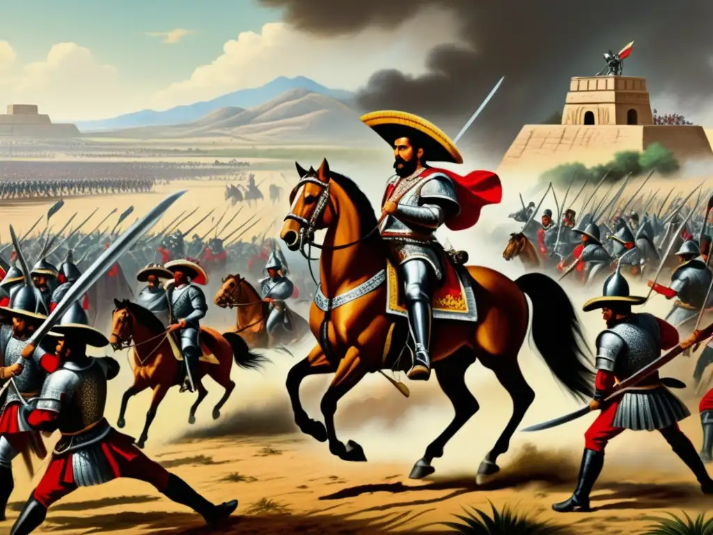 Conquista de México: Momento épico en la batalla entre conquistadores españoles y guerreros mexicanos en Tenochtitlán