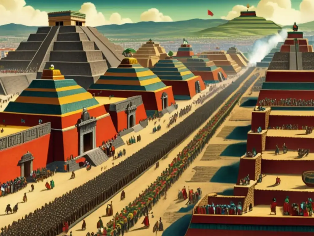 Ilustración vintage de Tenochtitlan durante la Conquista de México por Cortés