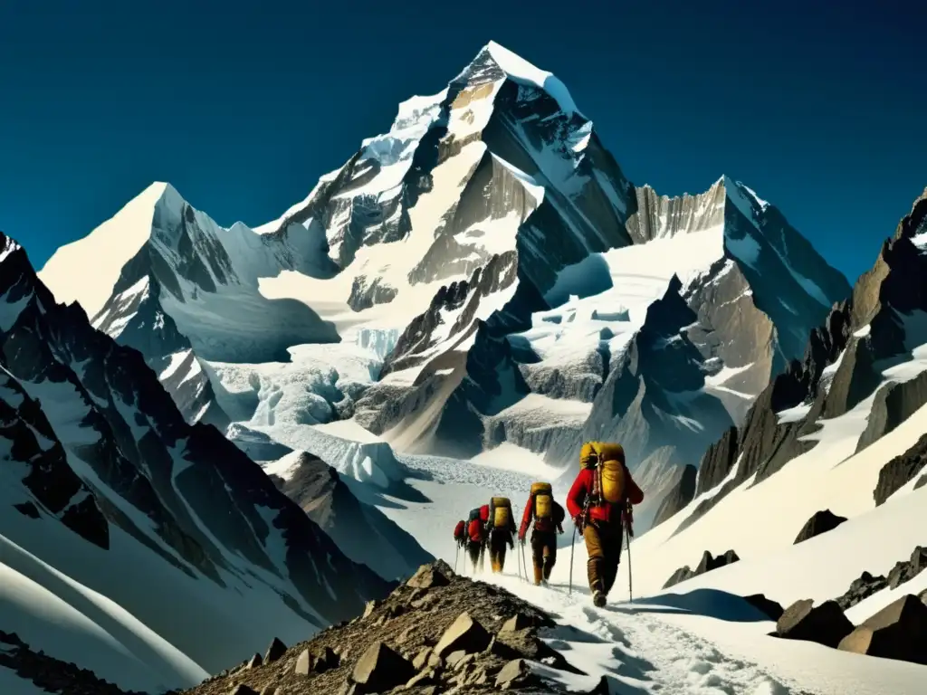 Conquista del Broad Peak Central: Una hazaña épica, montañeros vintage escalando picos nevados