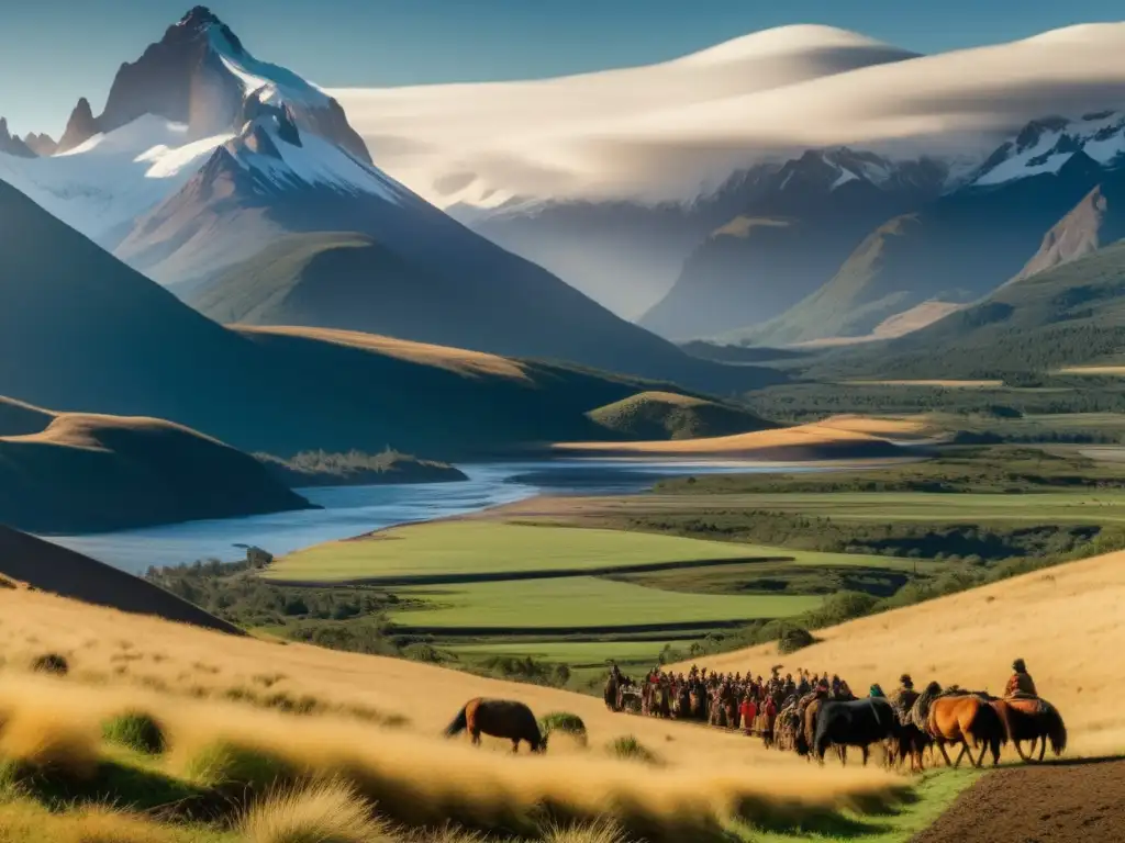 Conquista de Chile desde perspectiva humana: paisaje vintage con Mapuche realizando actividades tradicionales, Andes nevados y río al atardecer