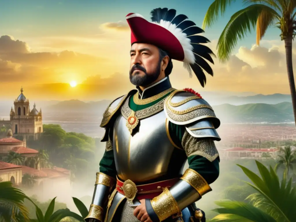 Hernando de Soto, el legendario conquistador, frente a una ciudad dorada en la selva tropical