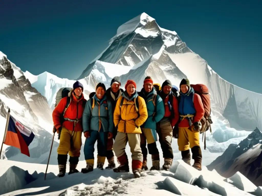 Expedición al Everest: montañeros en la cumbre, rostros cansados y victoriosos, banderas ondeando, picos majestuosos