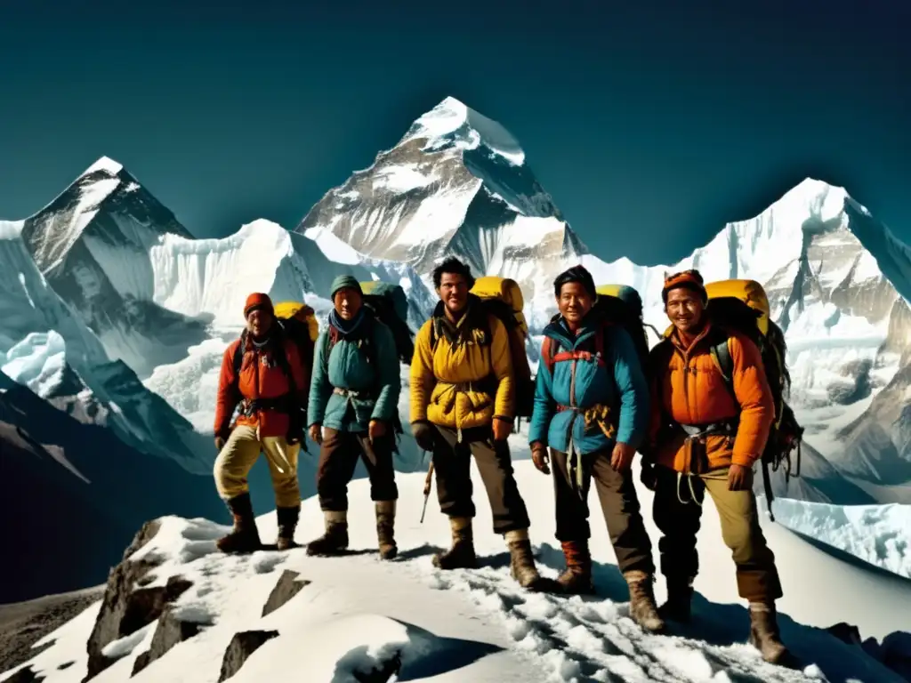 Grupo de montañistas en la cima del Everest, rodeados de panorámica Himalaya