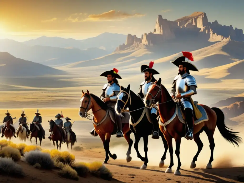 Expedición de Coronado en América: Conquistadores españoles a caballo explorando paisajes majestuosos