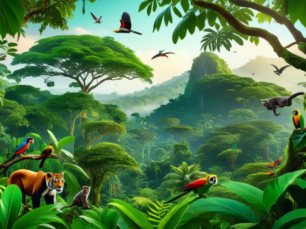 Impacto del cambio climático en biodiversidad y preservación de hábitats: escena de selva tropical con animales y cascada