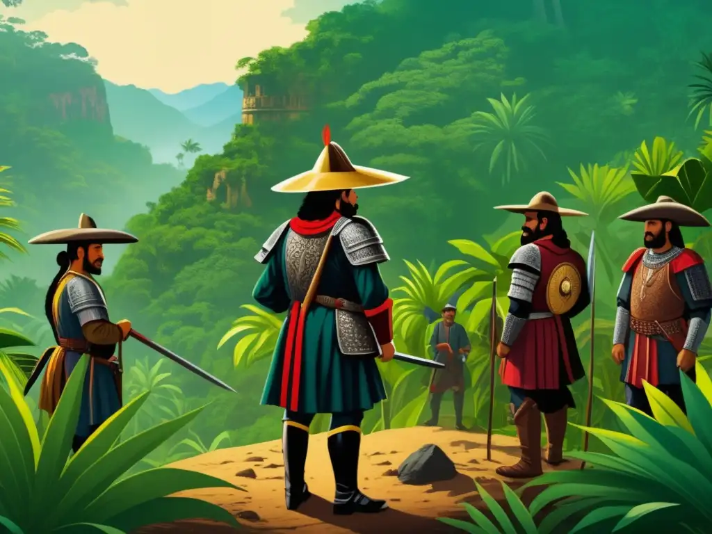 Ilustración vintage de Hernán Cortés y su grupo en la jungla mexicana