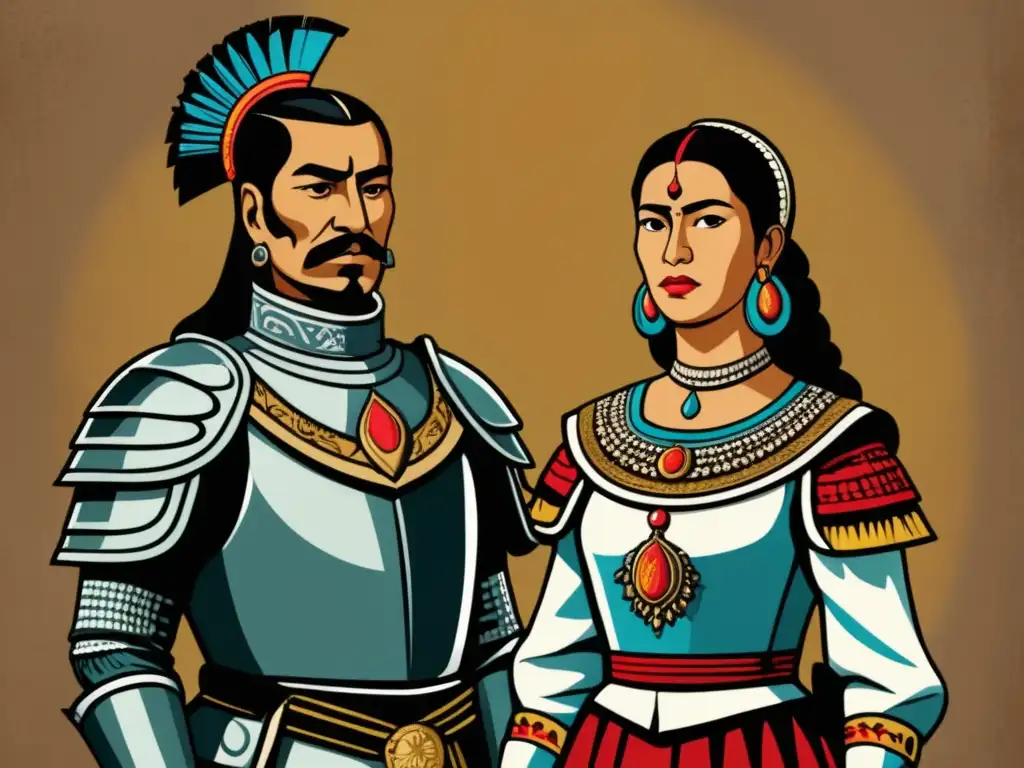 Hernán Cortés y La Malinche: Una relación histórica de conexión y consejo en un detallado retrato vintage de ambos personajes