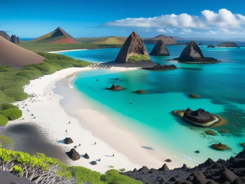 Paisaje costero de las Islas Galápagos: aguas turquesa, playa blanca, acantilados volcánicos, fauna y sol mágico